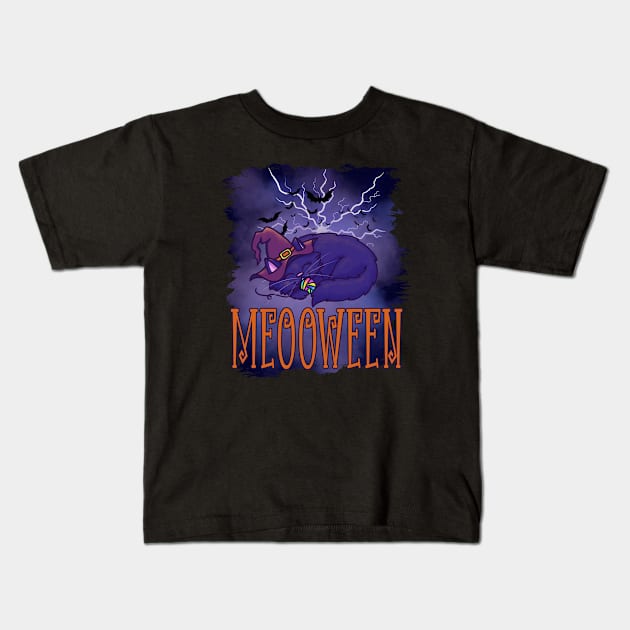 Night Blue Cat Meooween Halloween Kids T-Shirt by Art by Biyan